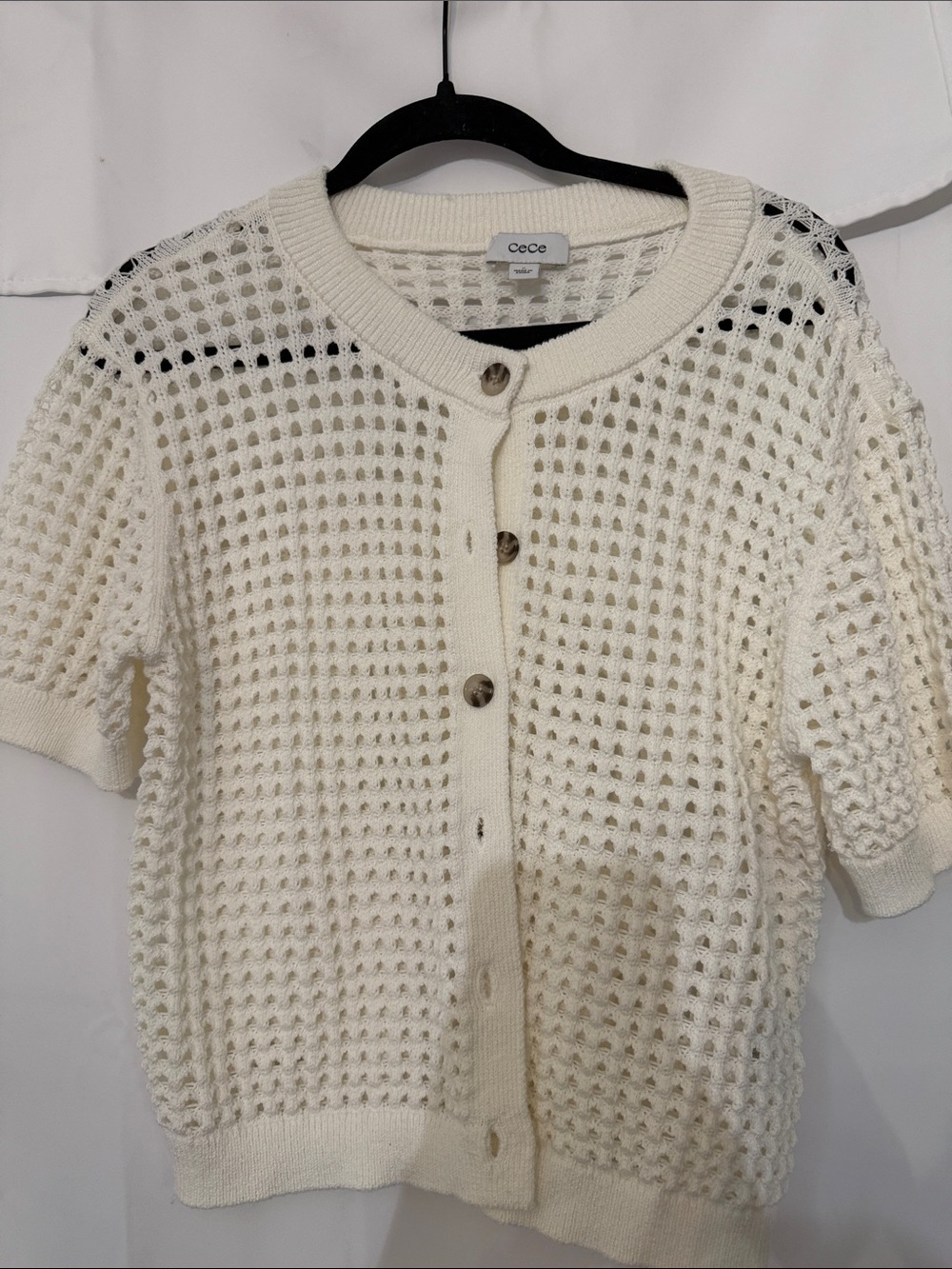 CeCe Cream Open-Weave Short Sleeve Cardigan